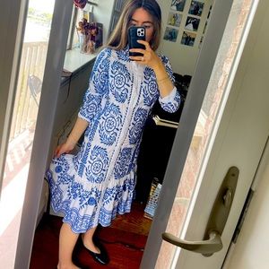Blue and white zara midi dress flare bottom